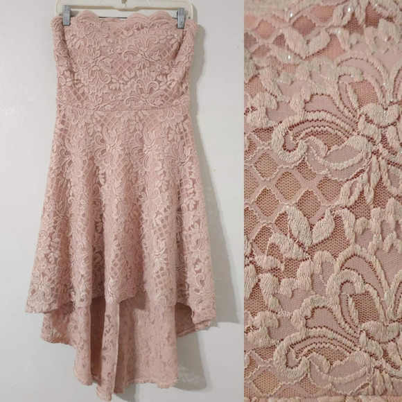 ✨️4/$20. Juniors Formal Strapless High Low Dress, All Over Lace, Scalloped Chest - Picture 2 of 16